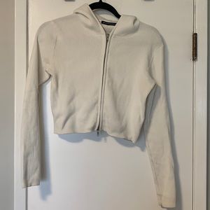 cropped white double zip sweater